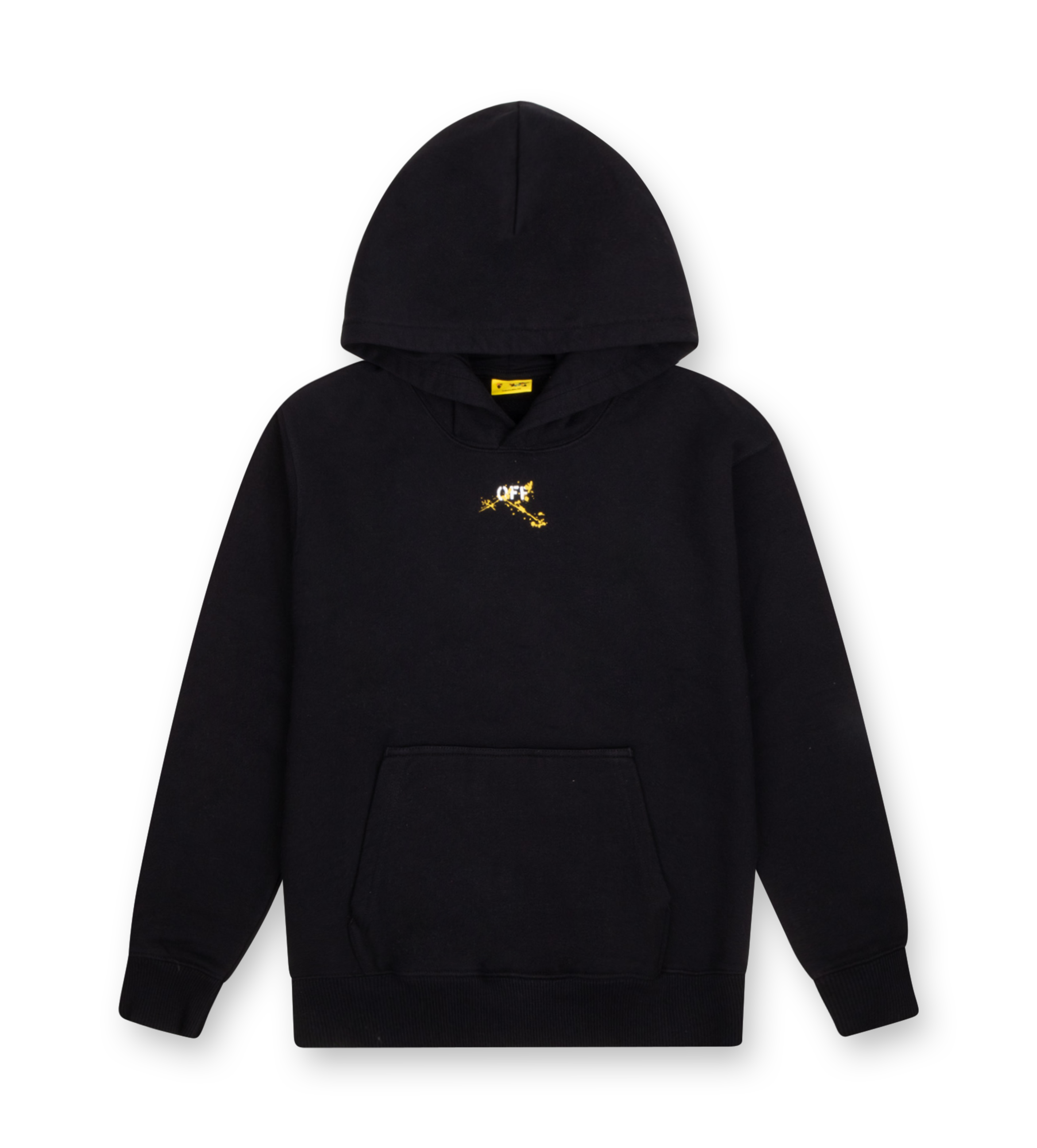 Off-White Kids Paint Diagonal Hoodie black with yellow paint-splattered stripe back print and logo chest detail.