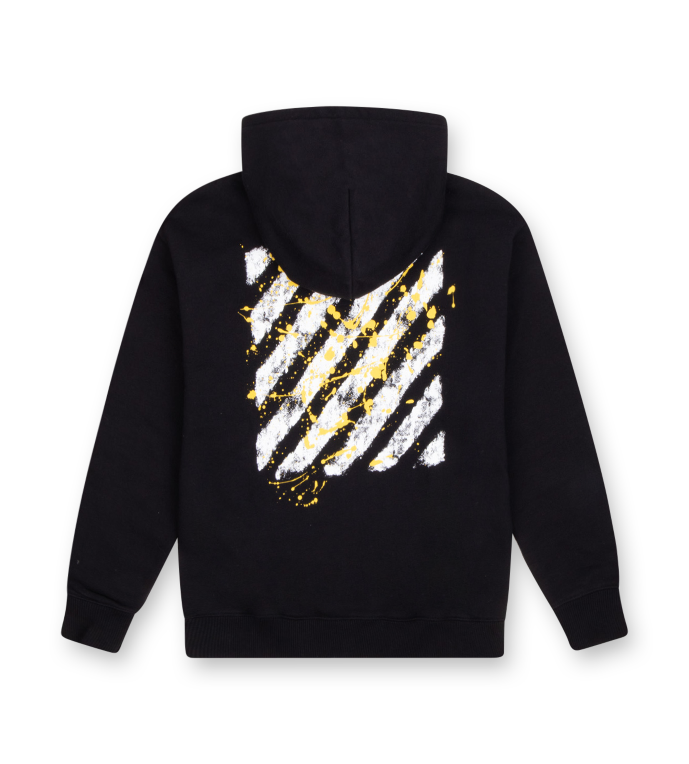 Off-White Kids Paint Diagonal Hoodie black with yellow paint-splattered stripe back print and logo chest detail.