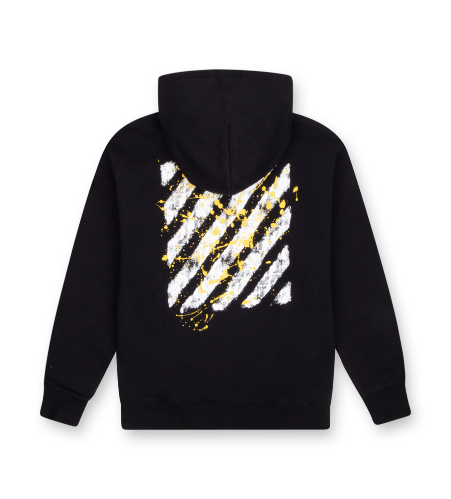 Off-White Kids Paint Diagonal Hoodie black with yellow paint-splattered stripe back print and logo chest detail.