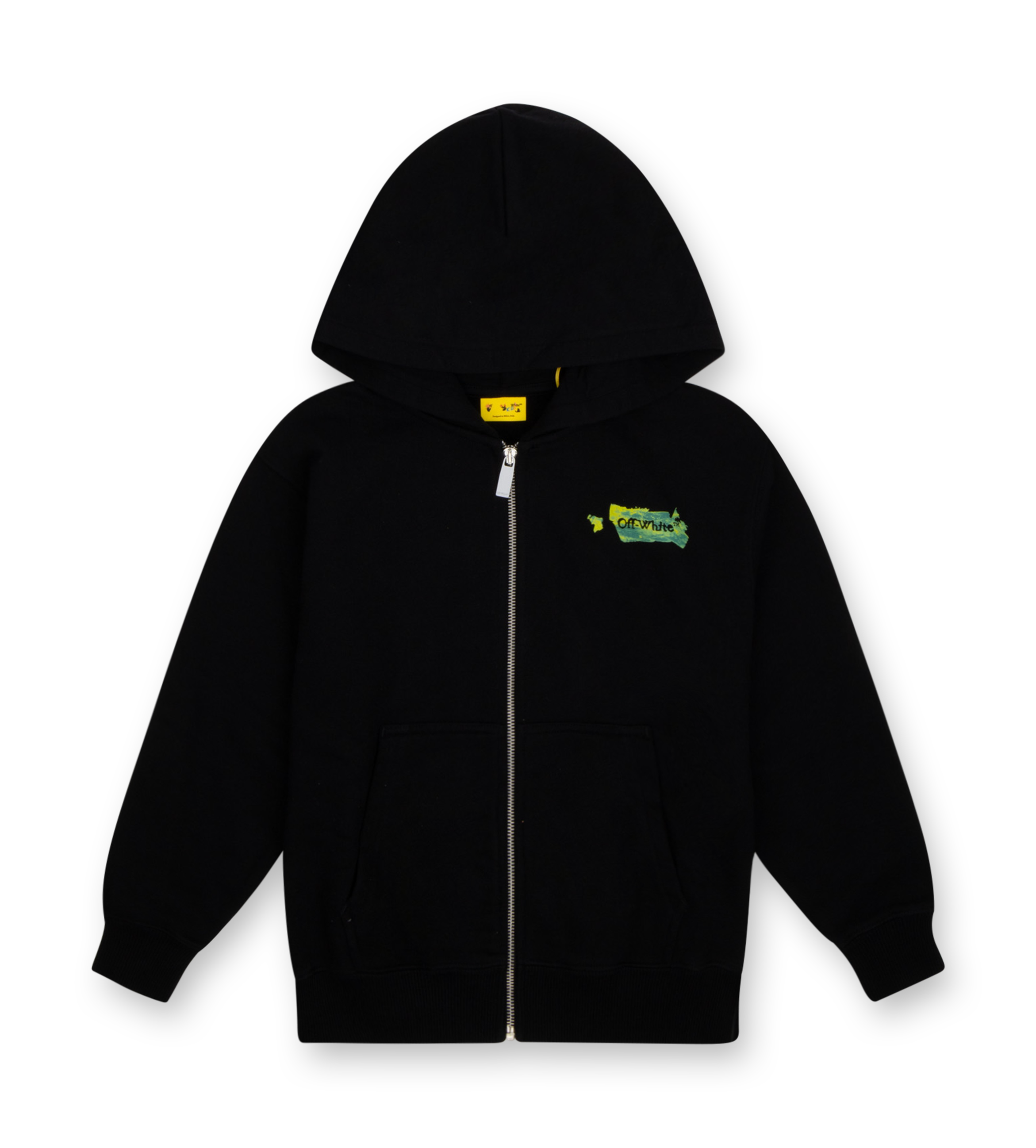 Off-White Kids Zip-Up Graphic Hoodie black with logo front print and arrow graphic back print.