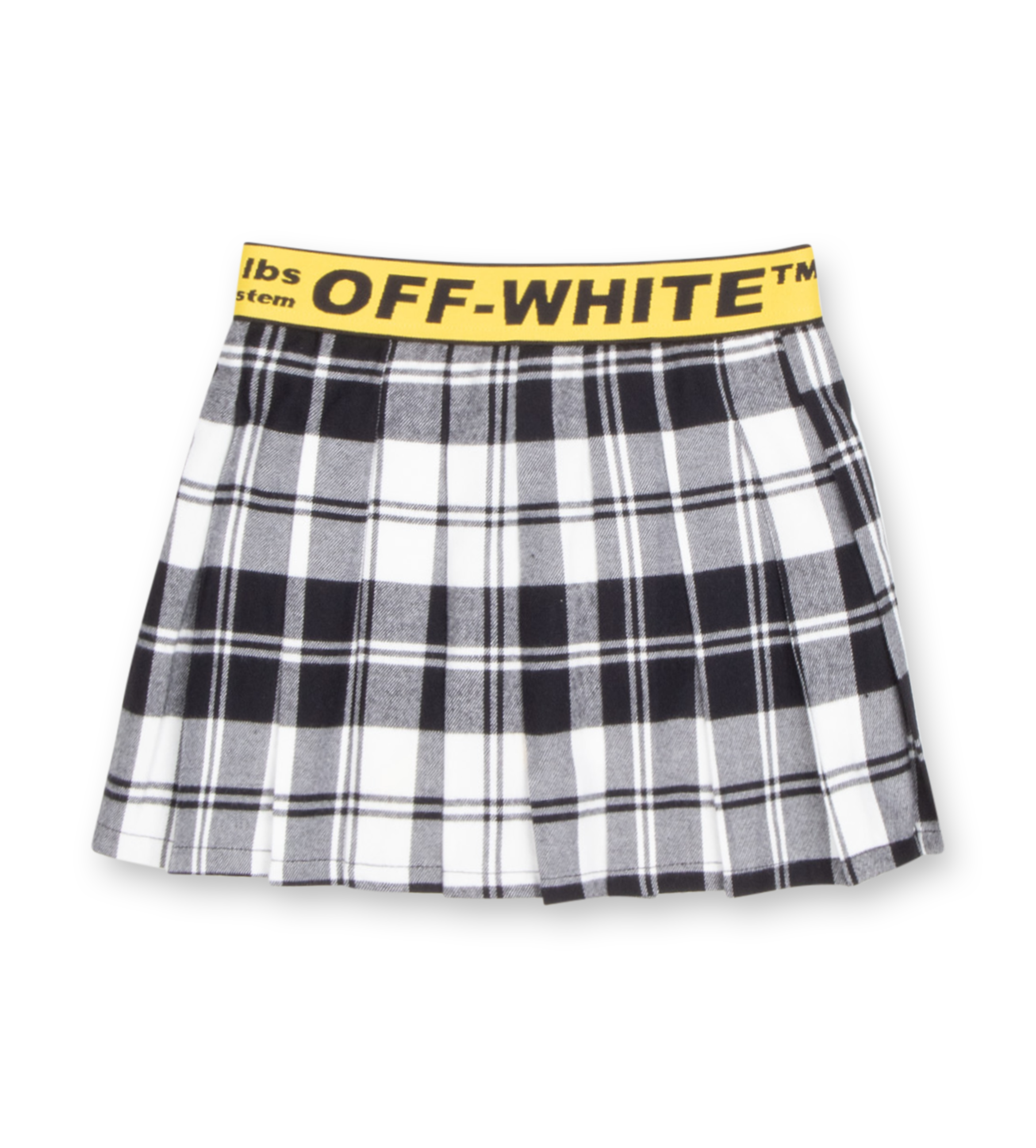 Off-White Logo Industrial Plaid Skirt black and white check pattern with structured fit and logo waistband.