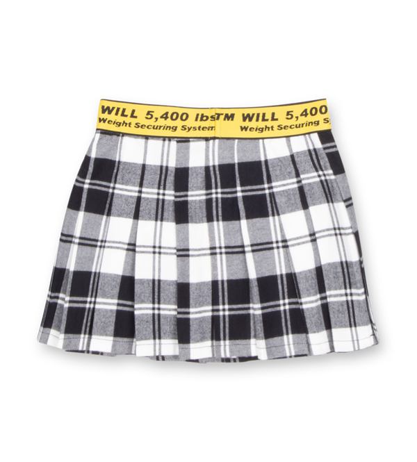 Off-White Logo Industrial Plaid Skirt black and white check pattern with structured fit and logo waistband.