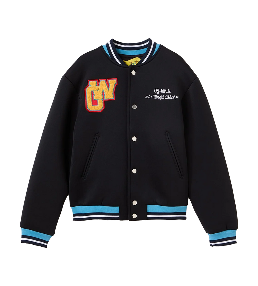 Off-White Logo Embroidered Varsity Jacket in Black