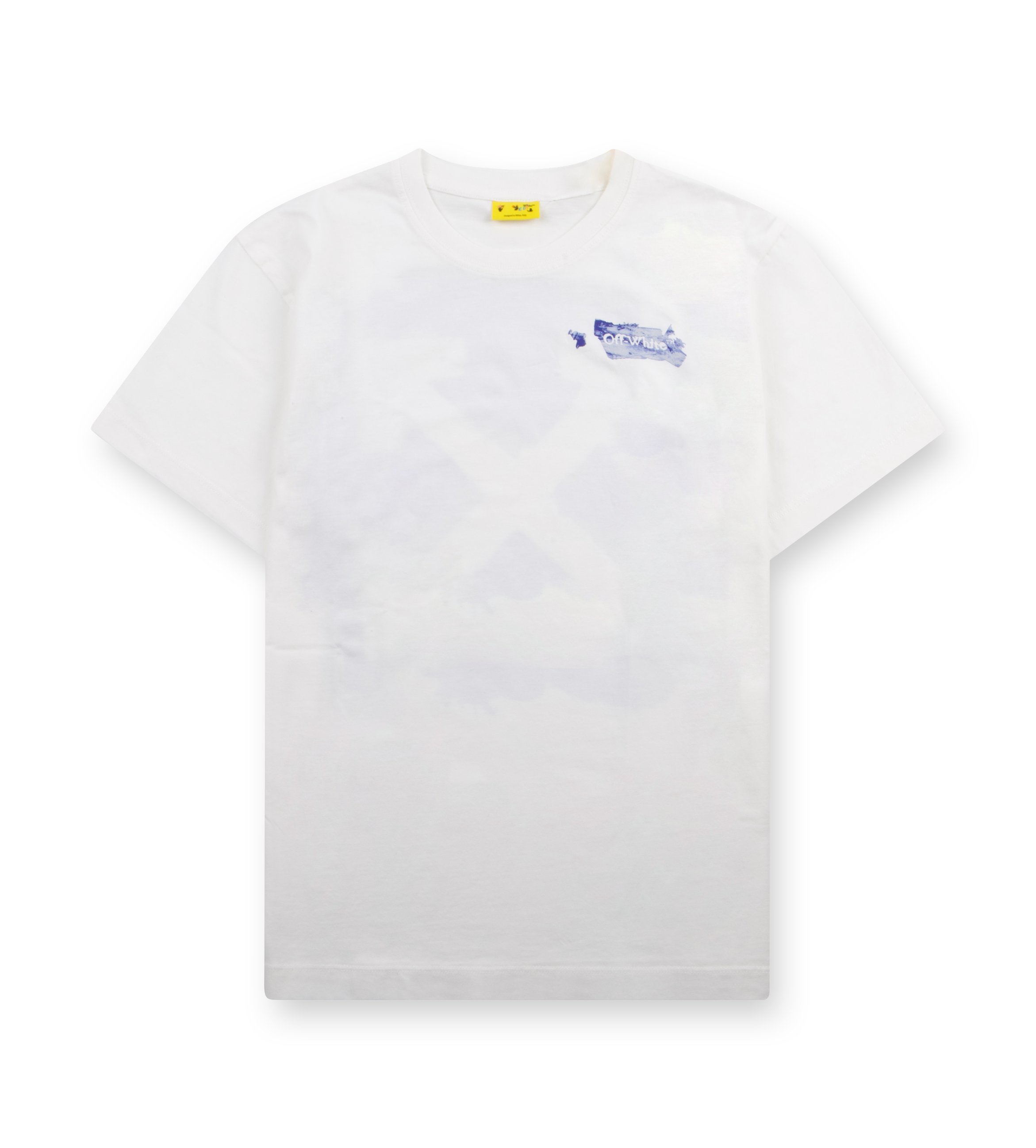 White t-shirt with a small logo on a white background