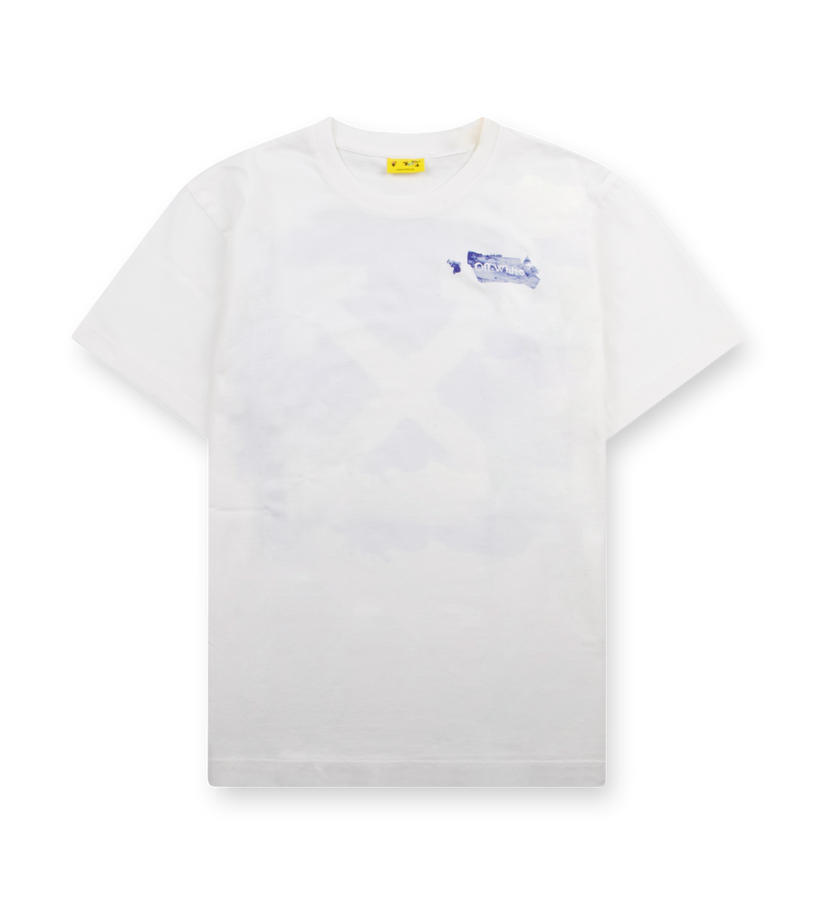 White t-shirt with a small logo on a white background
