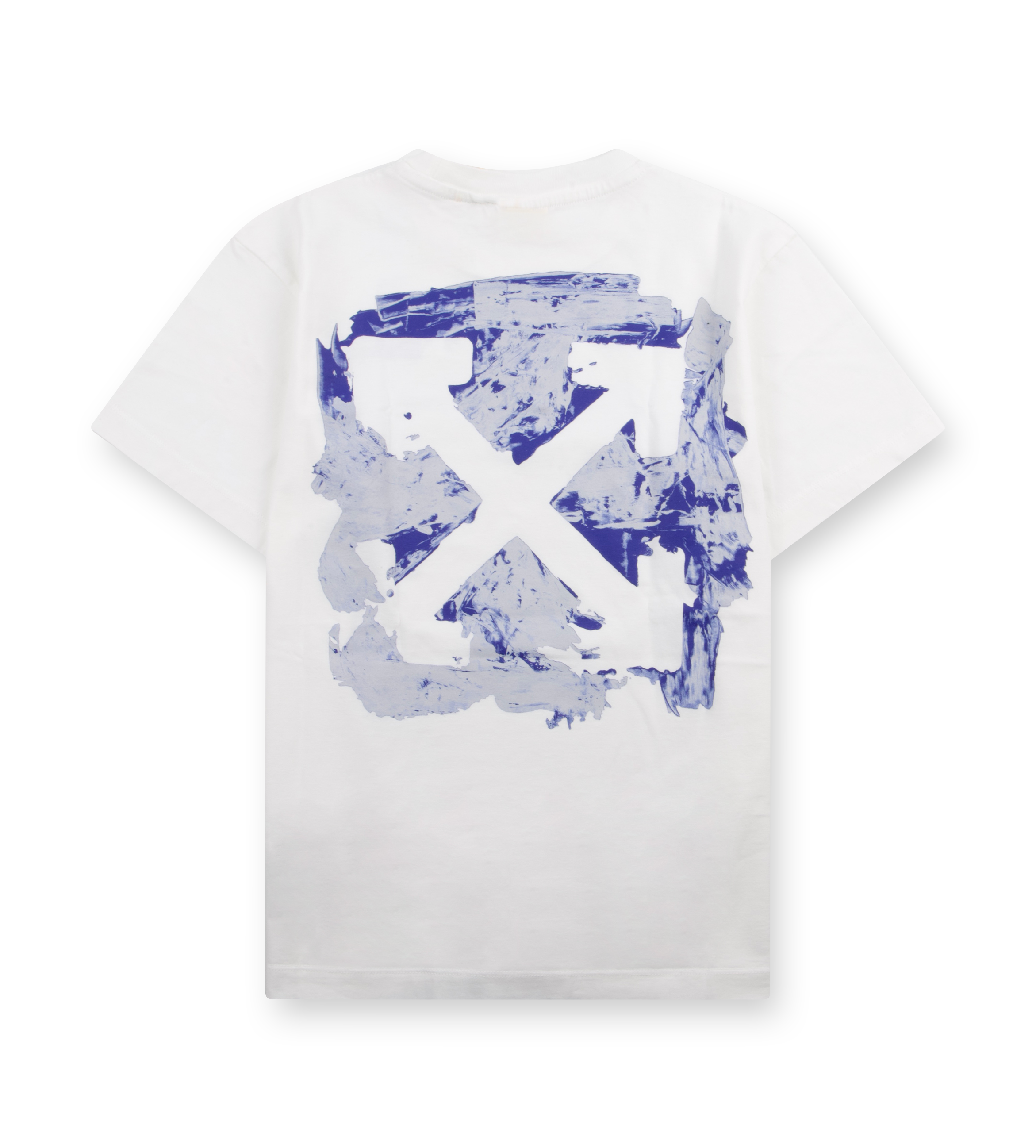 White t-shirt with blue and white abstract design on a white background