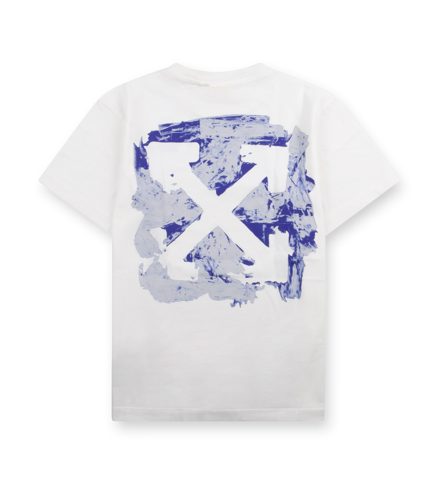 White t-shirt with blue and white abstract design on a white background