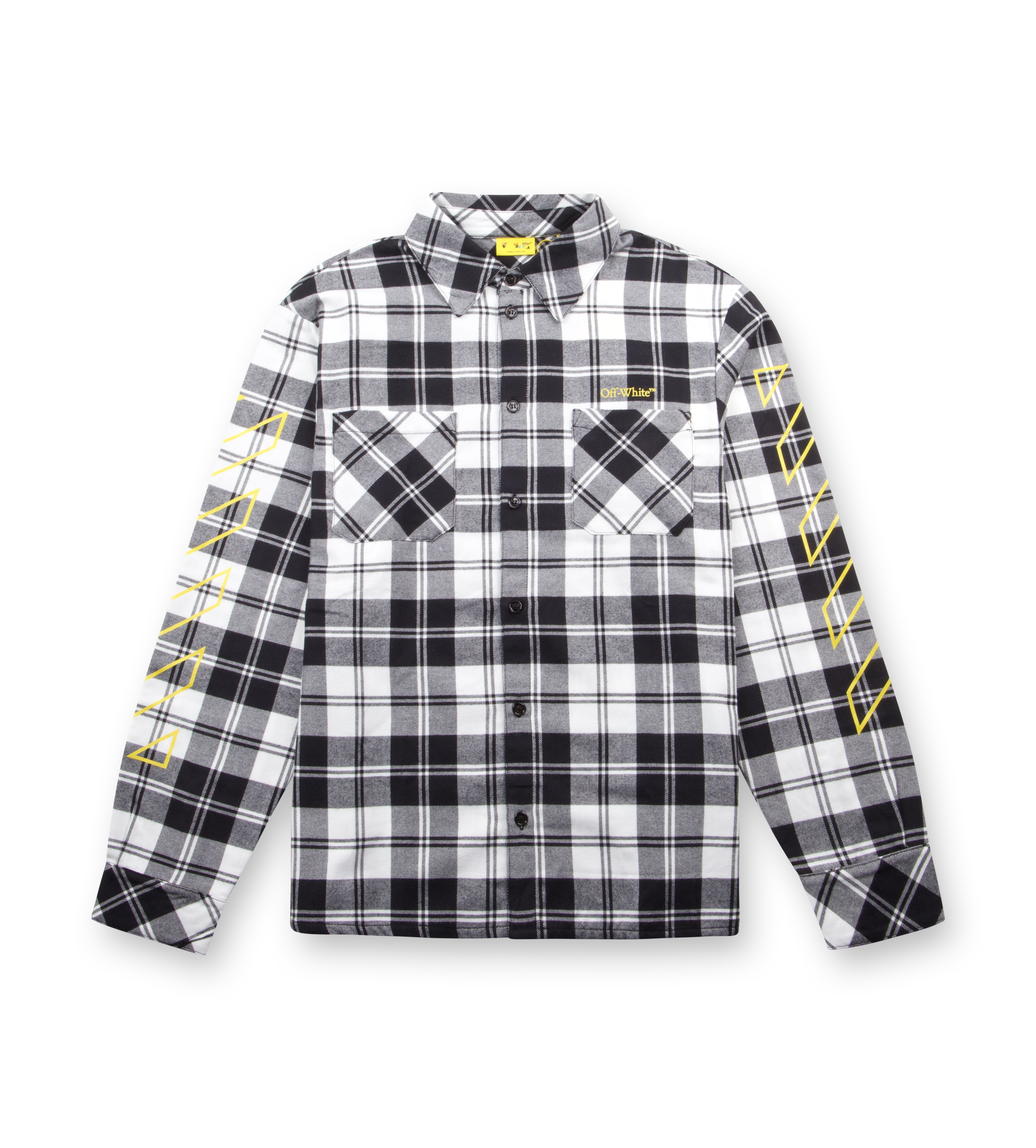 Black and white plaid shirt with yellow accents on a white background