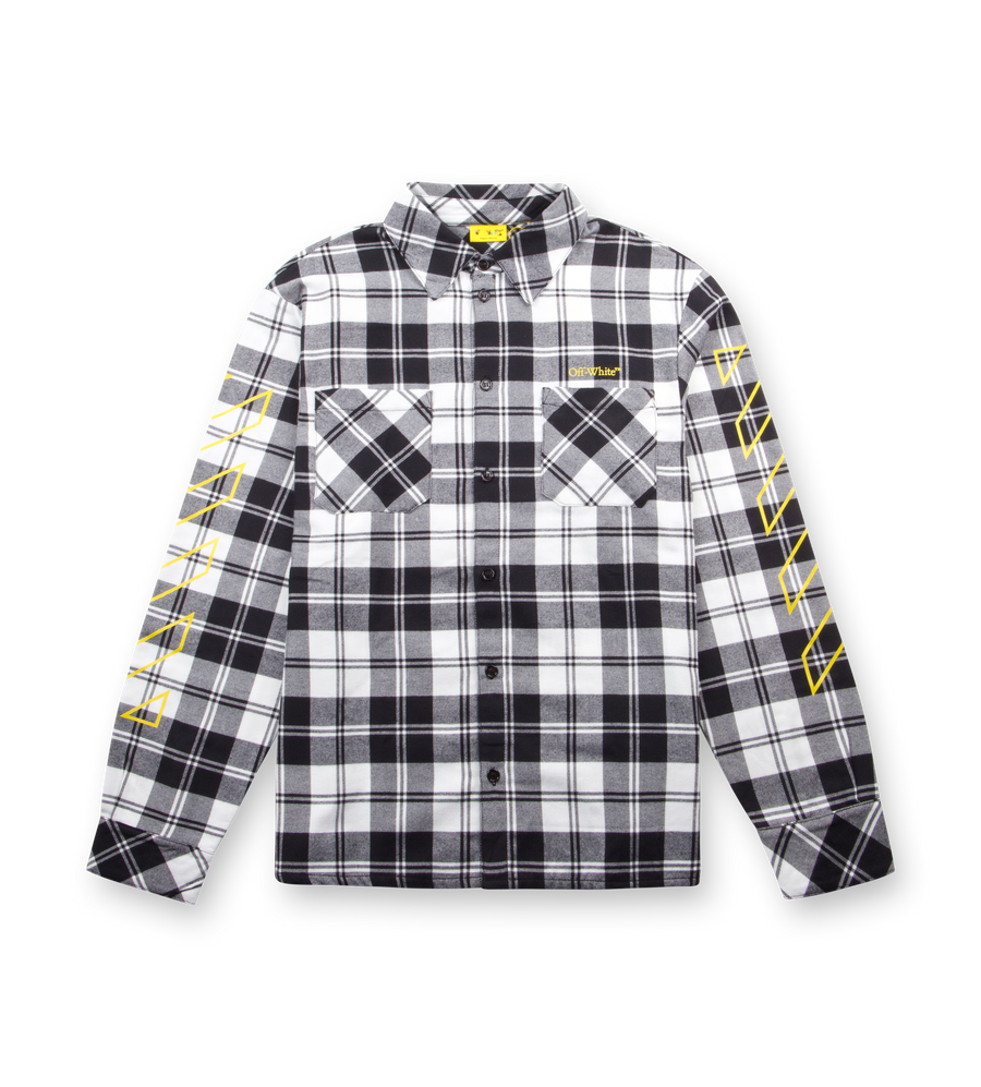 Black and white plaid shirt with yellow accents on a white background