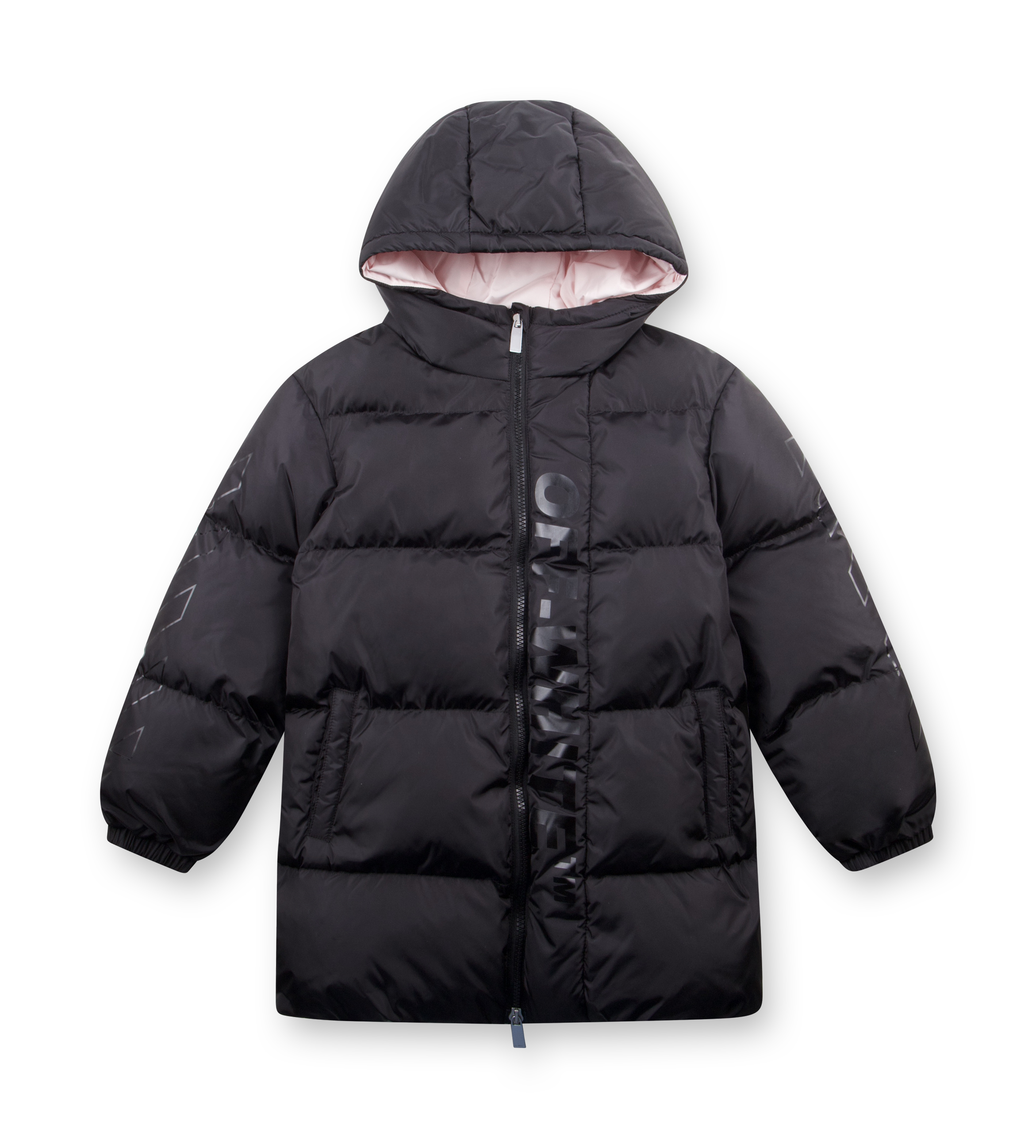 Black puffer jacket with a hood on a white background