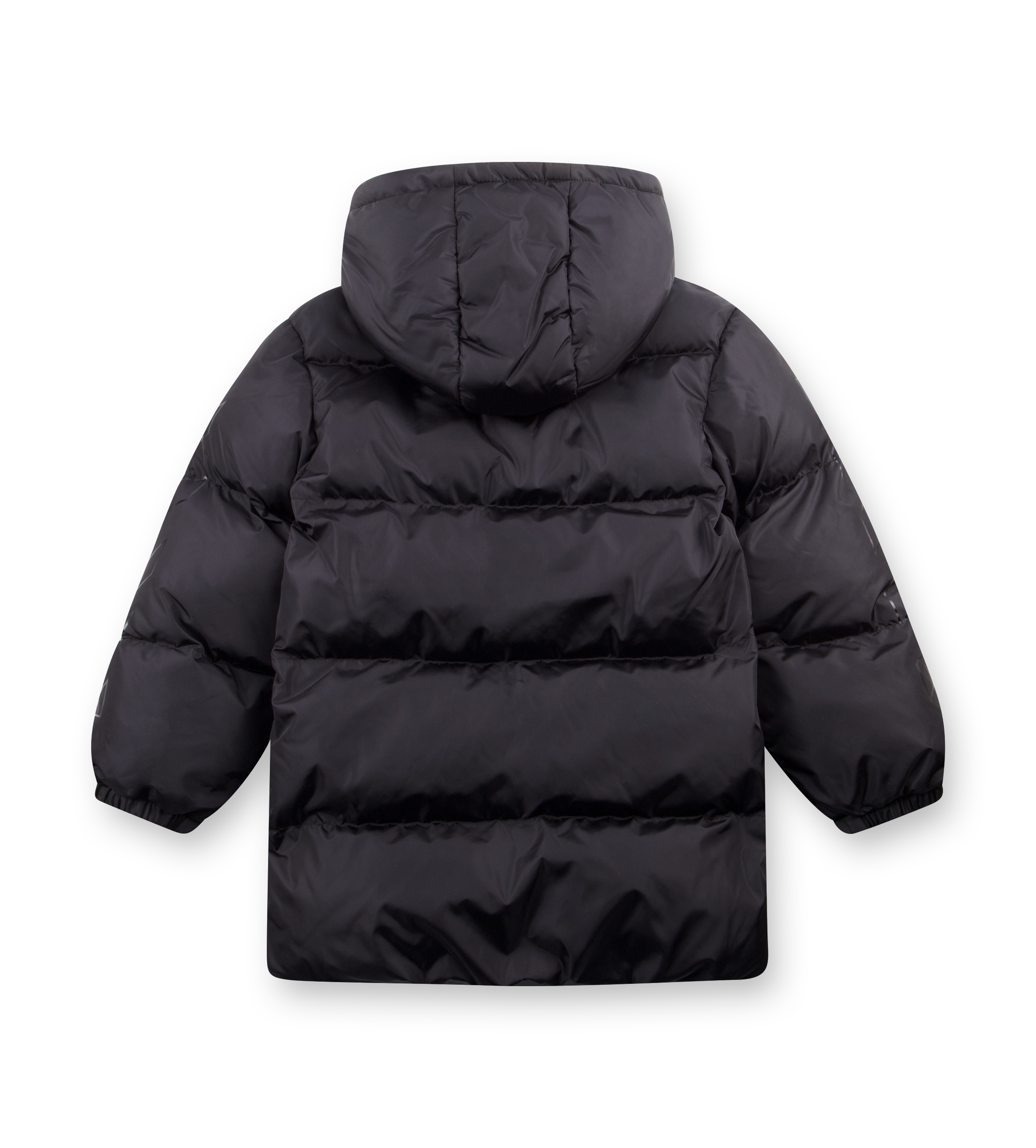 Black puffer jacket on a white background