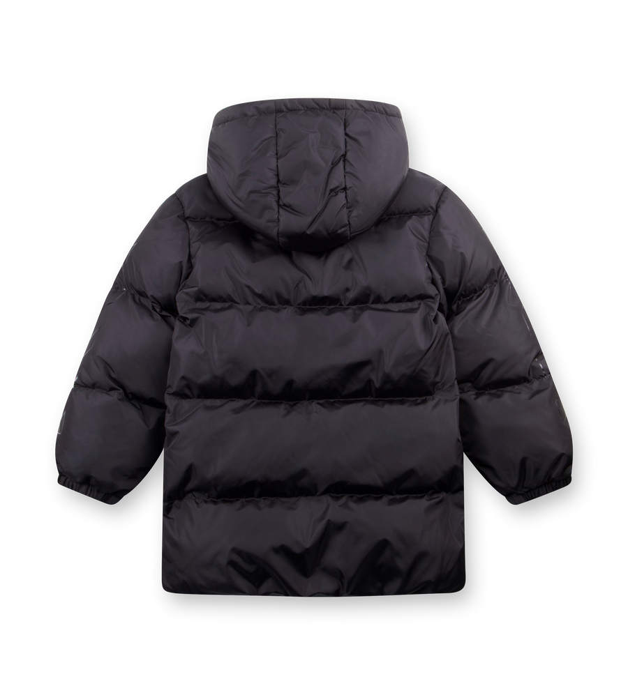 Black puffer jacket on a white background