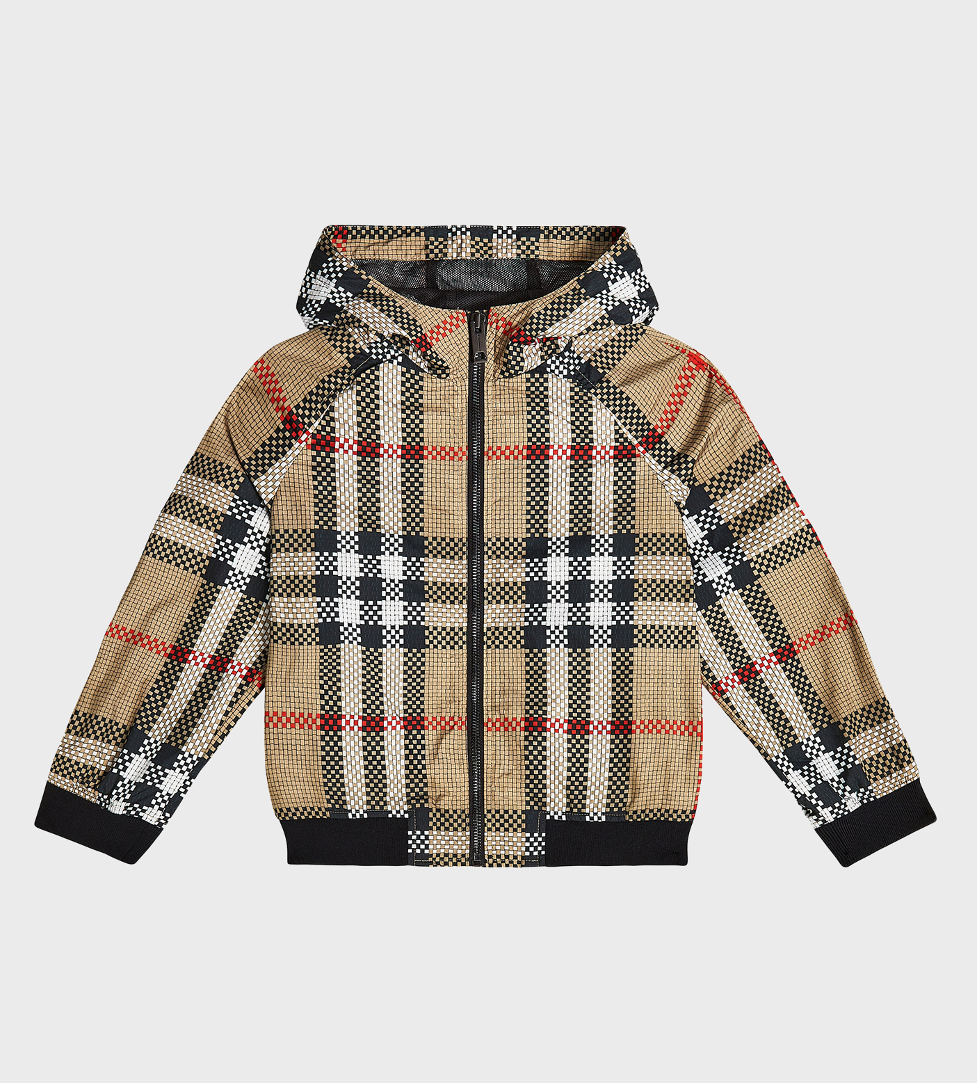 Check-Pattern Zip-up Hooded Jacket Beige