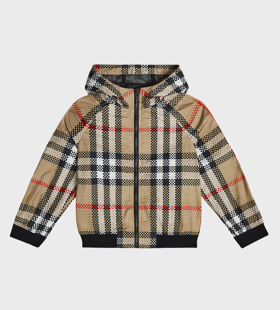 Check-Pattern Zip-up Hooded Jacket Beige