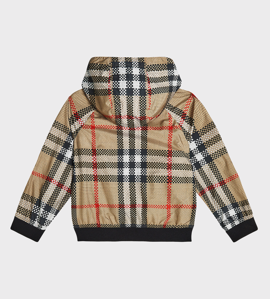 Check-Pattern Zip-up Hooded Jacket Beige