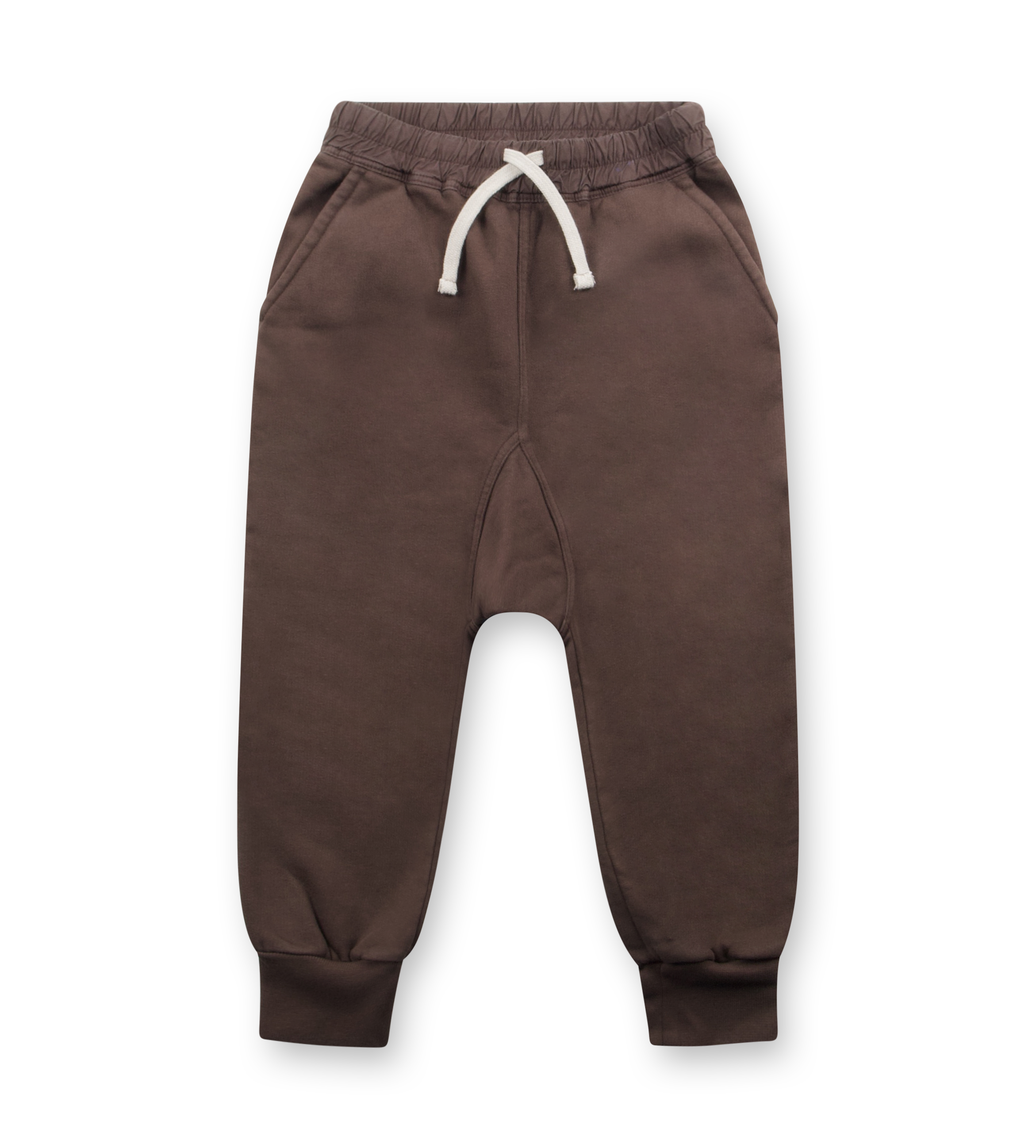 Brown sweatpants with a white drawstring on a white background