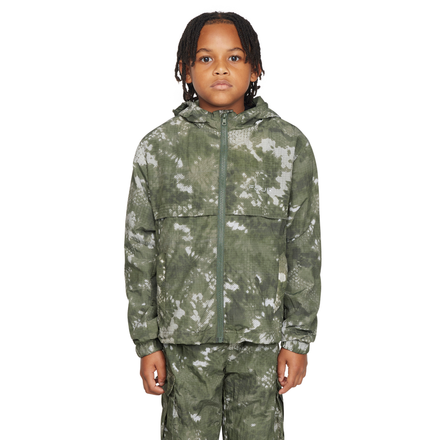 Person wearing a camouflage outfit on a white background