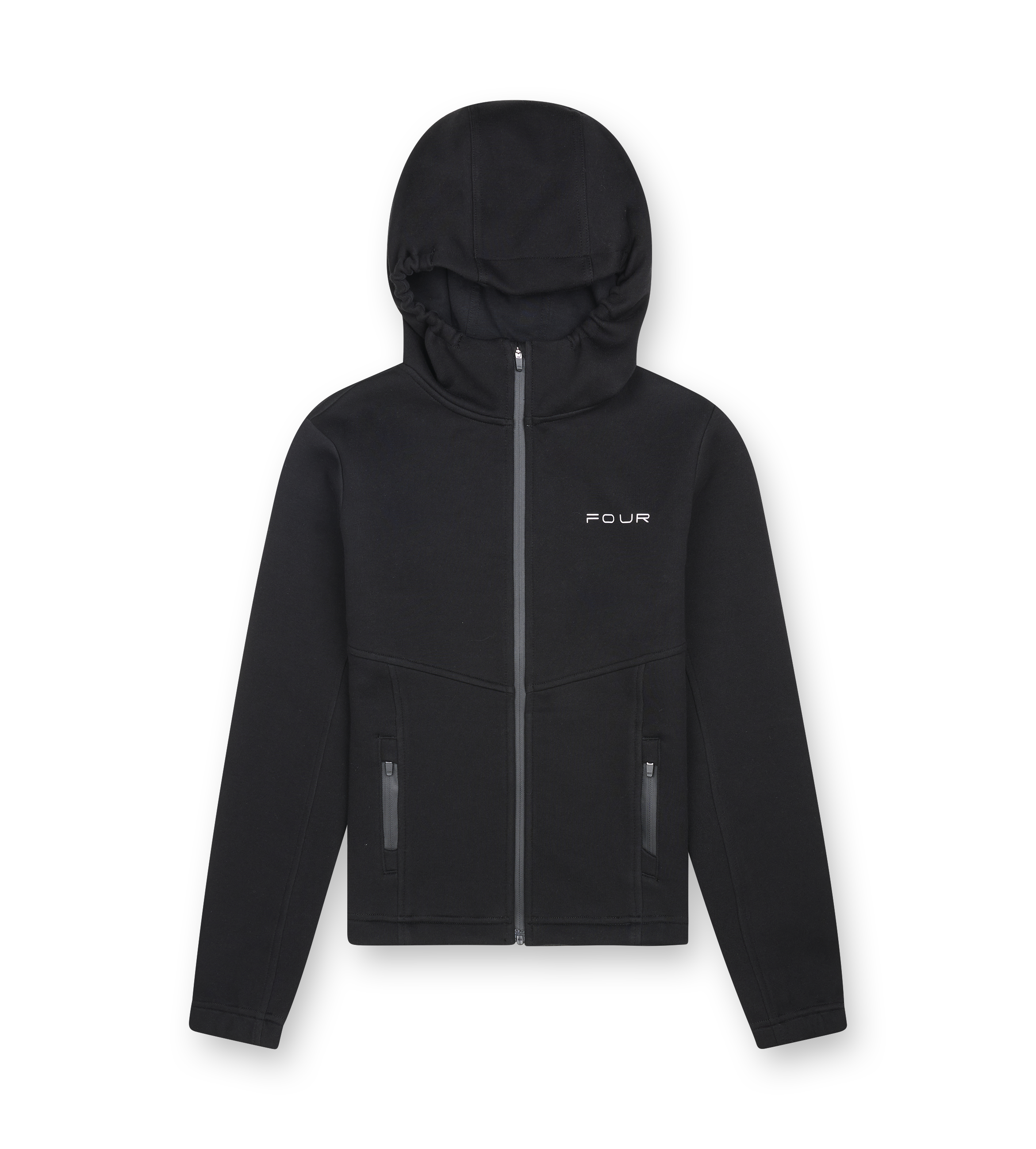 Black hoodie with a brand logo on a white background