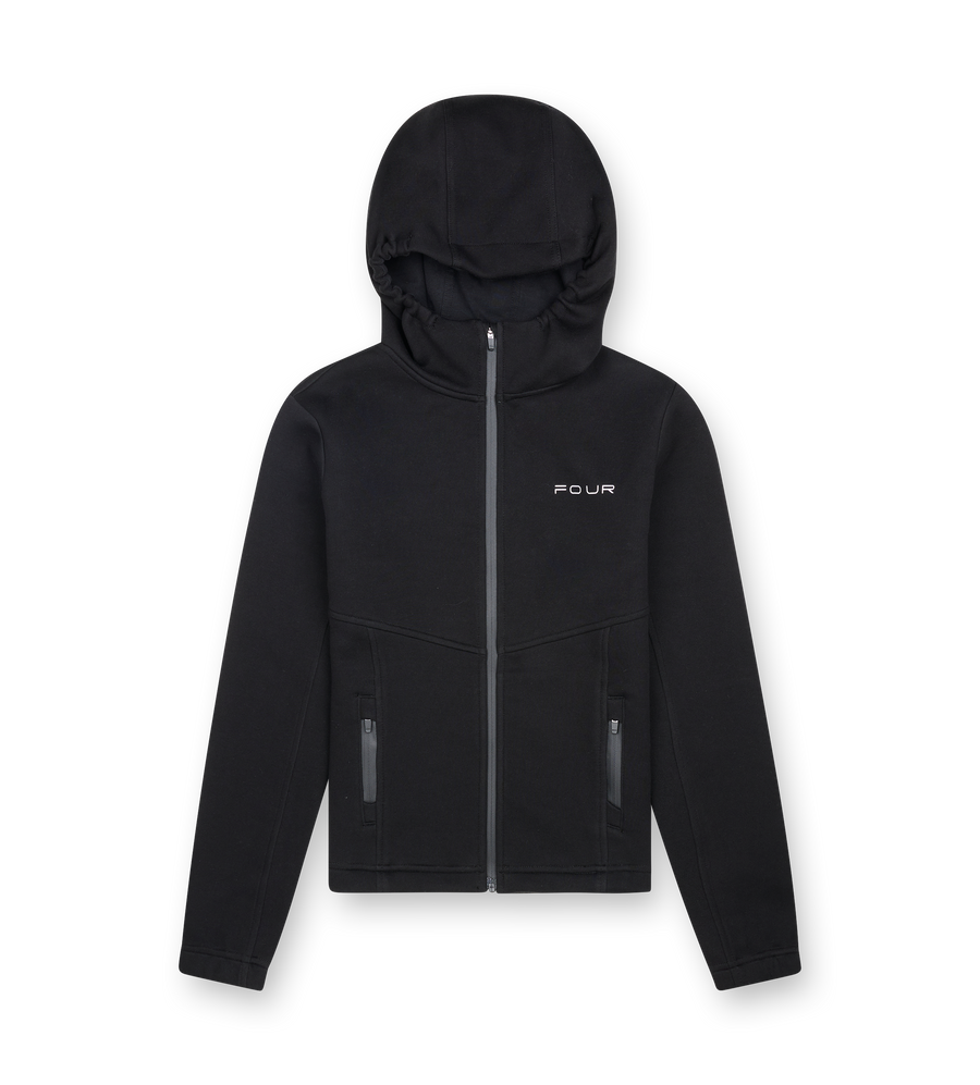Black hoodie with a brand logo on a white background