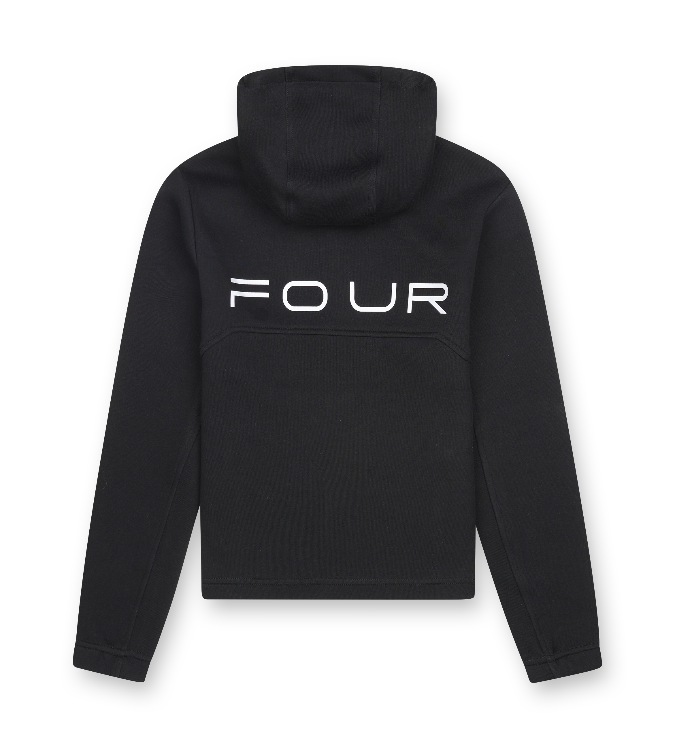 Black hoodie with 'FOUR' printed on the back against a white background