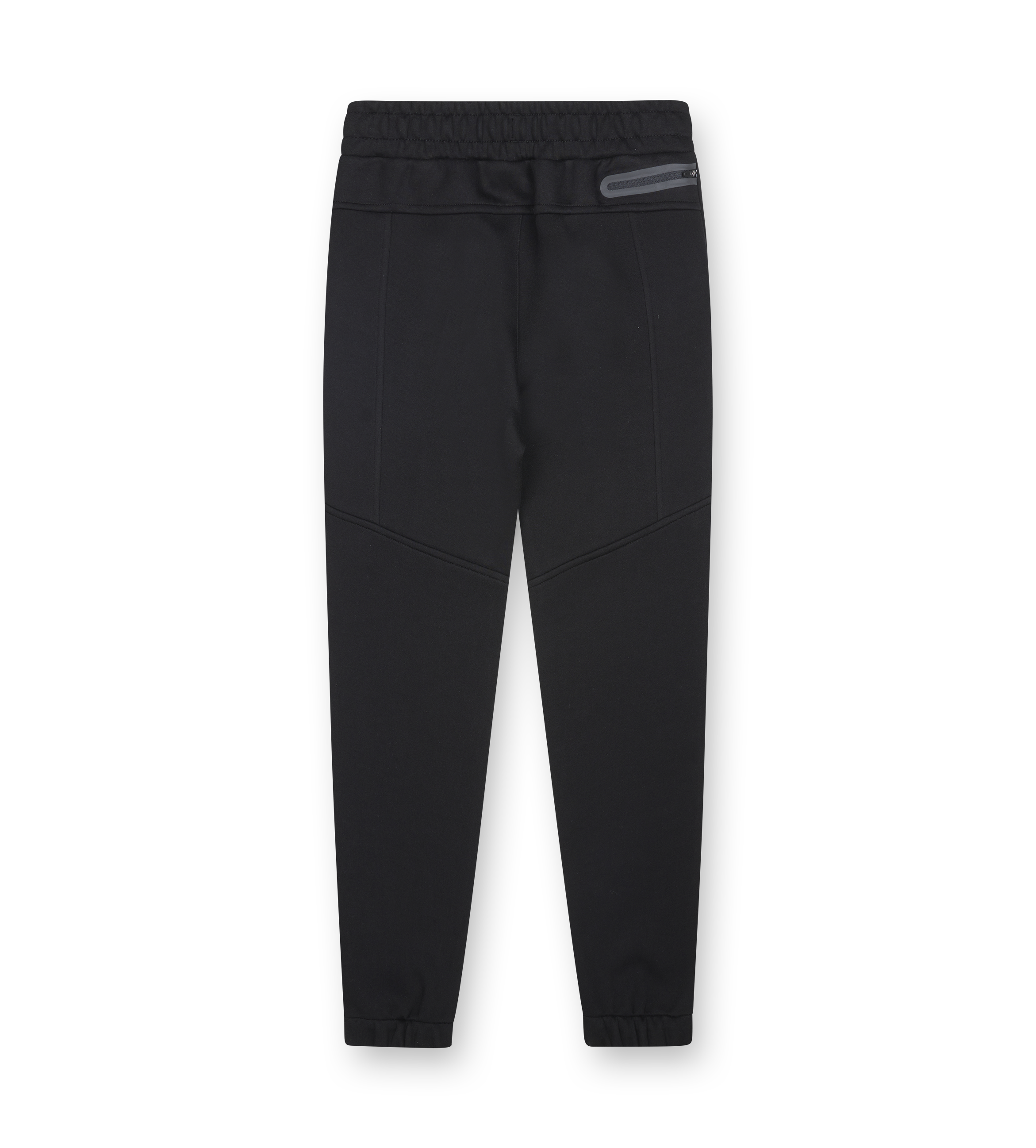 Black fleece track pants on a white background from FOUR
