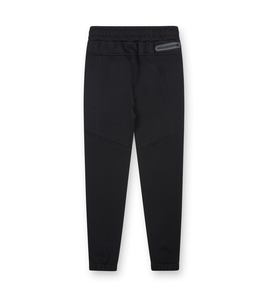 Black fleece track pants on a white background from FOUR