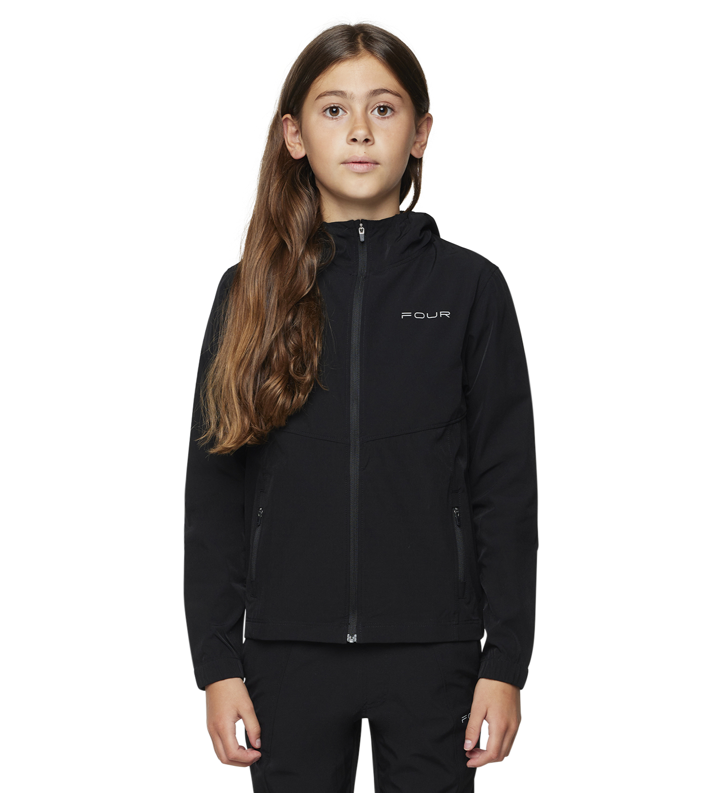 Person wearing a black jacket with a brand logo on a white background