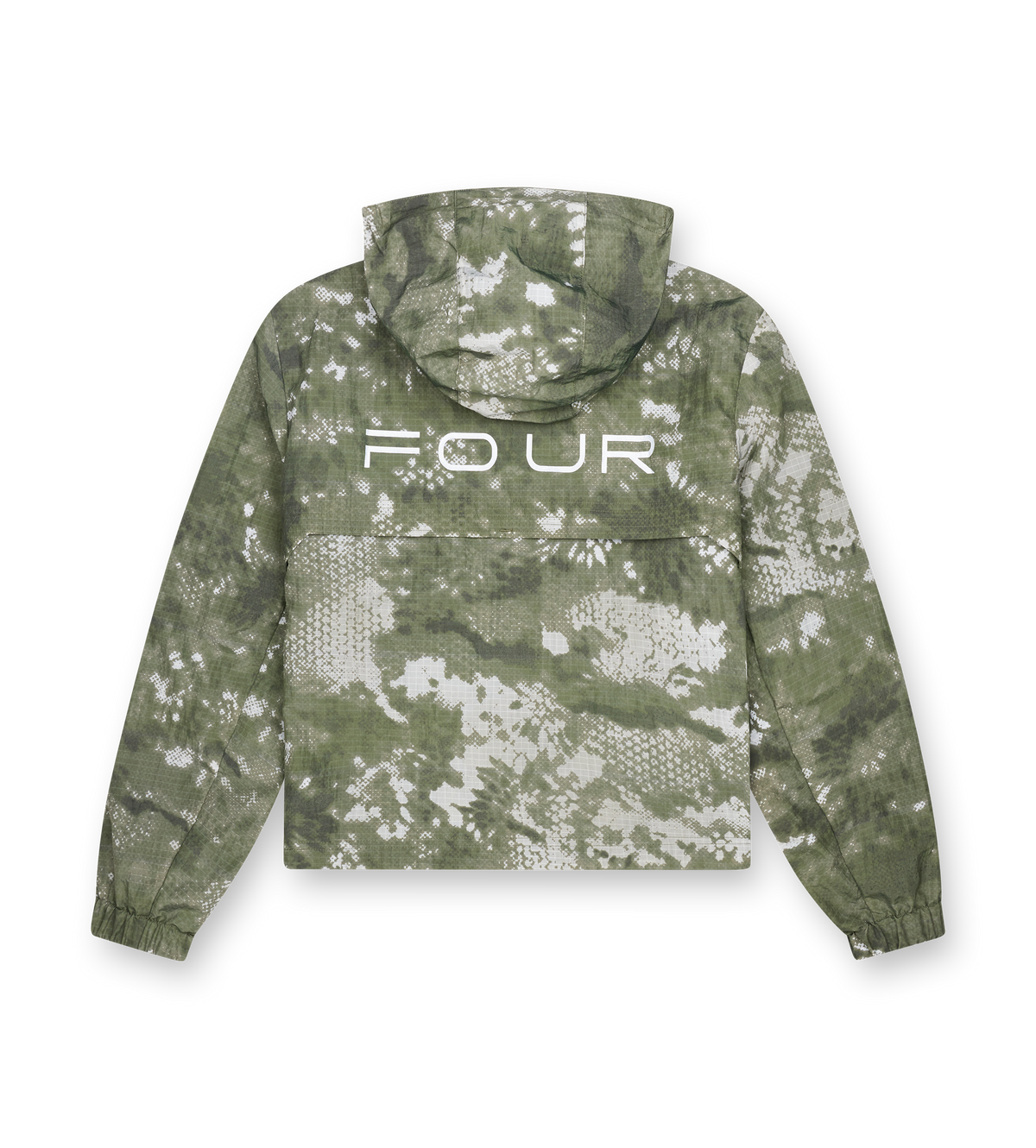 Camouflage jacket with 'F.O.U.R' logo on a white background