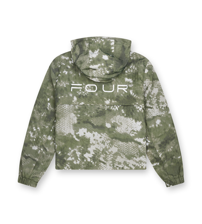 Camouflage jacket with 'F.O.U.R' logo on a white background
