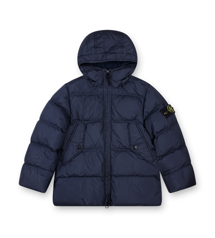 Navy blue puffer jacket with a brand logo on a white background