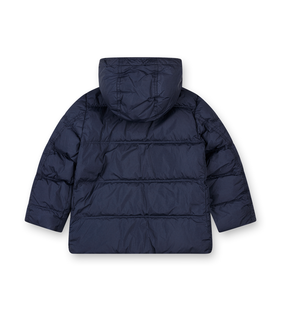 Navy blue puffer jacket with a hood on a white background