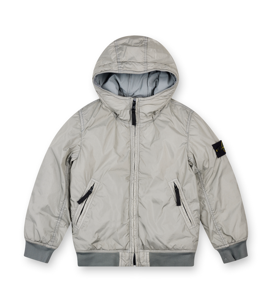 Gray hooded jacket with black accents on a white background

Details