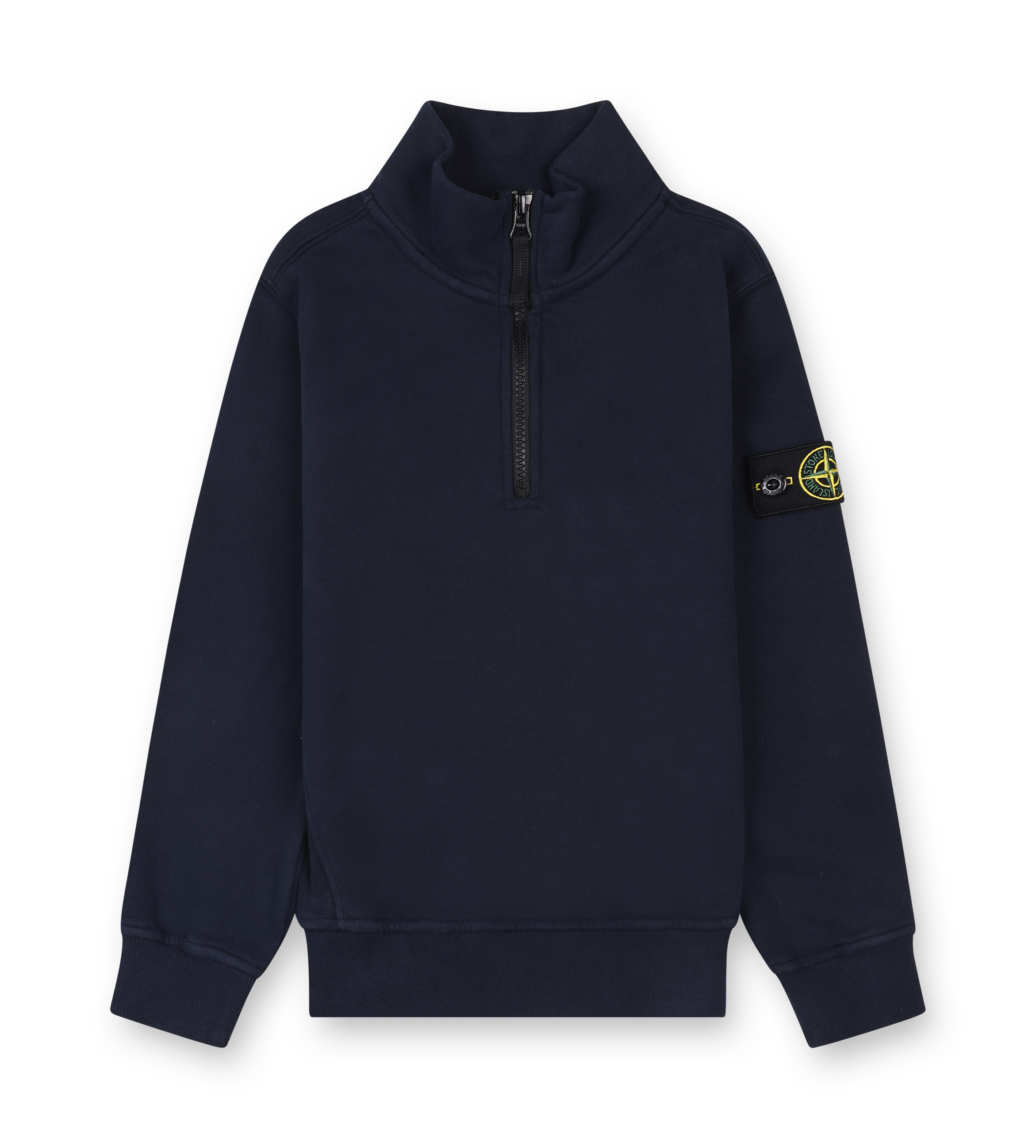 Navy blue sweatshirt with a brand logo on the sleeve against a white background