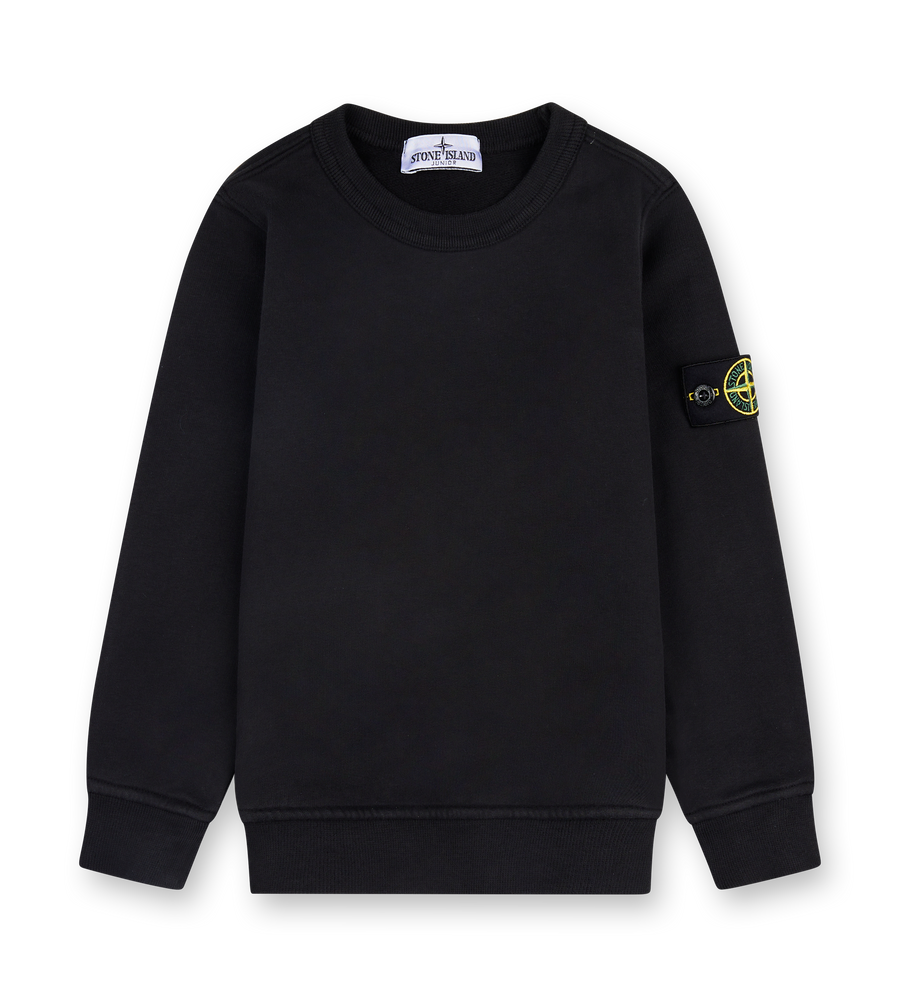 Black sweatshirt with a logo on the sleeve against a white background