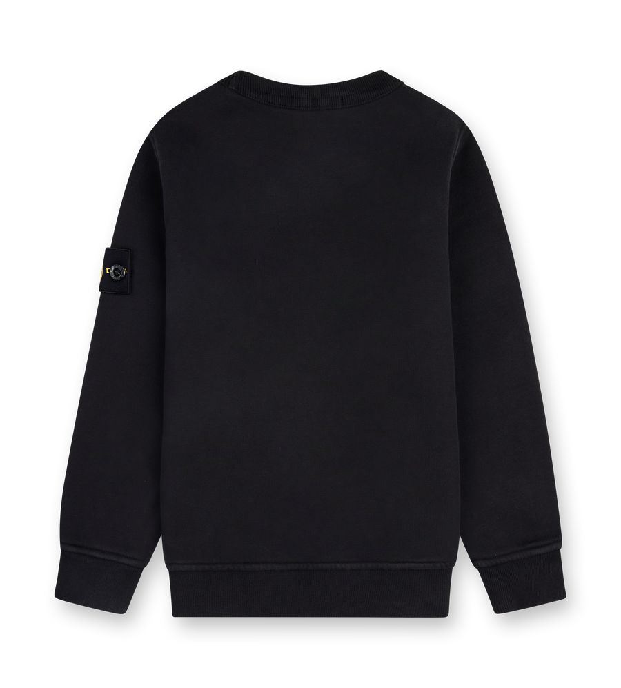 Black sweatshirt with a brand logo on the sleeve against a white background