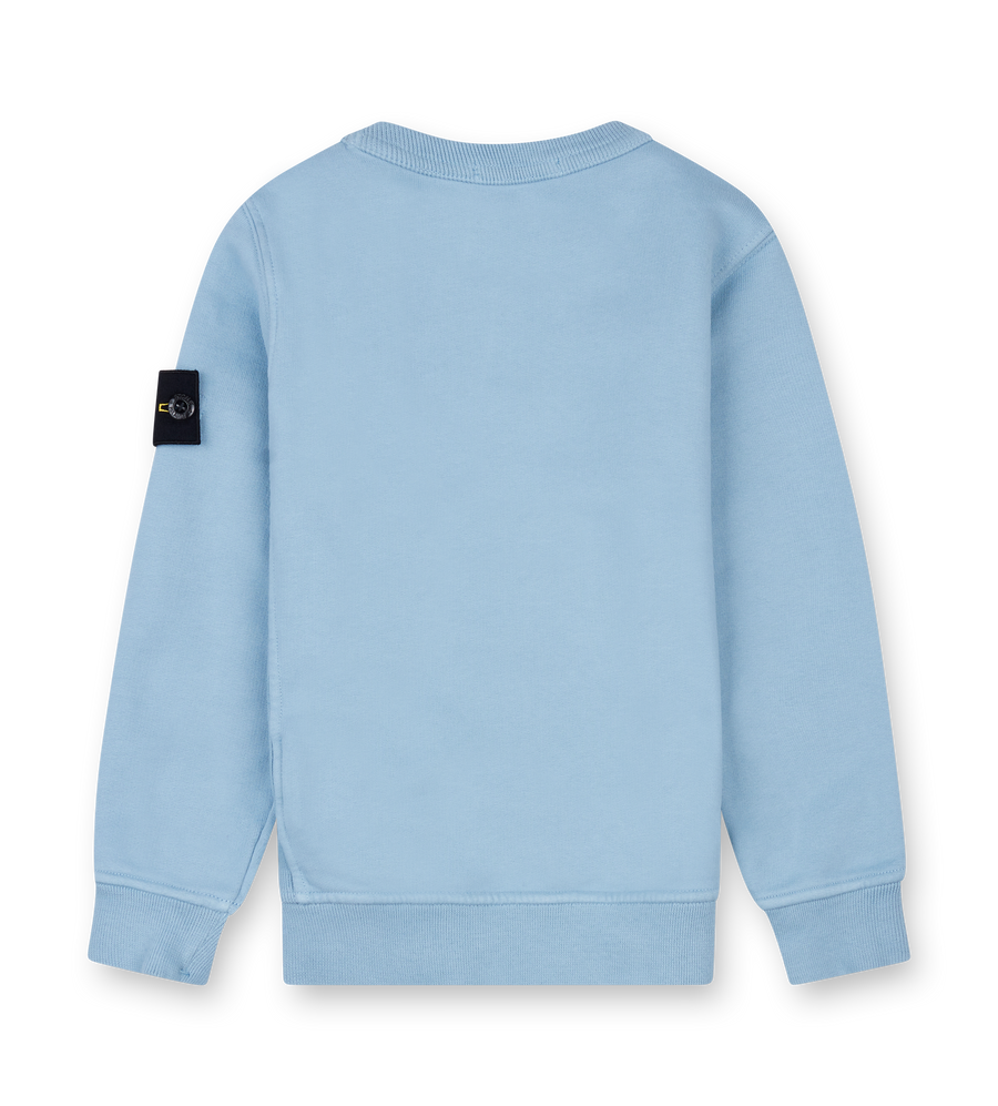 Light blue sweatshirt with a black patch on the sleeve against a white background
