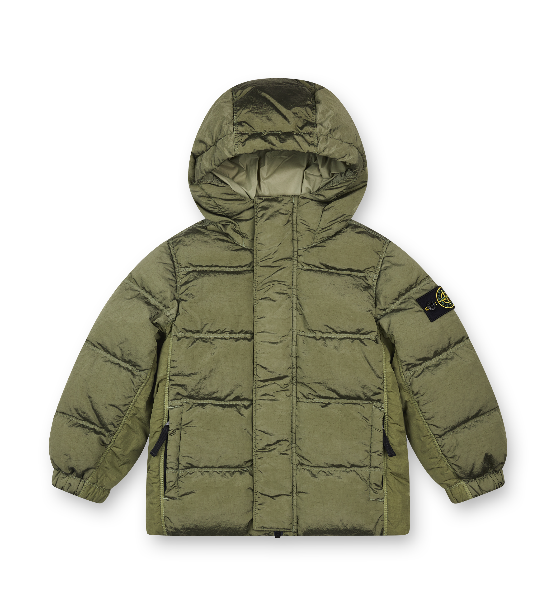 Green puffer jacket with a brand logo on a white background