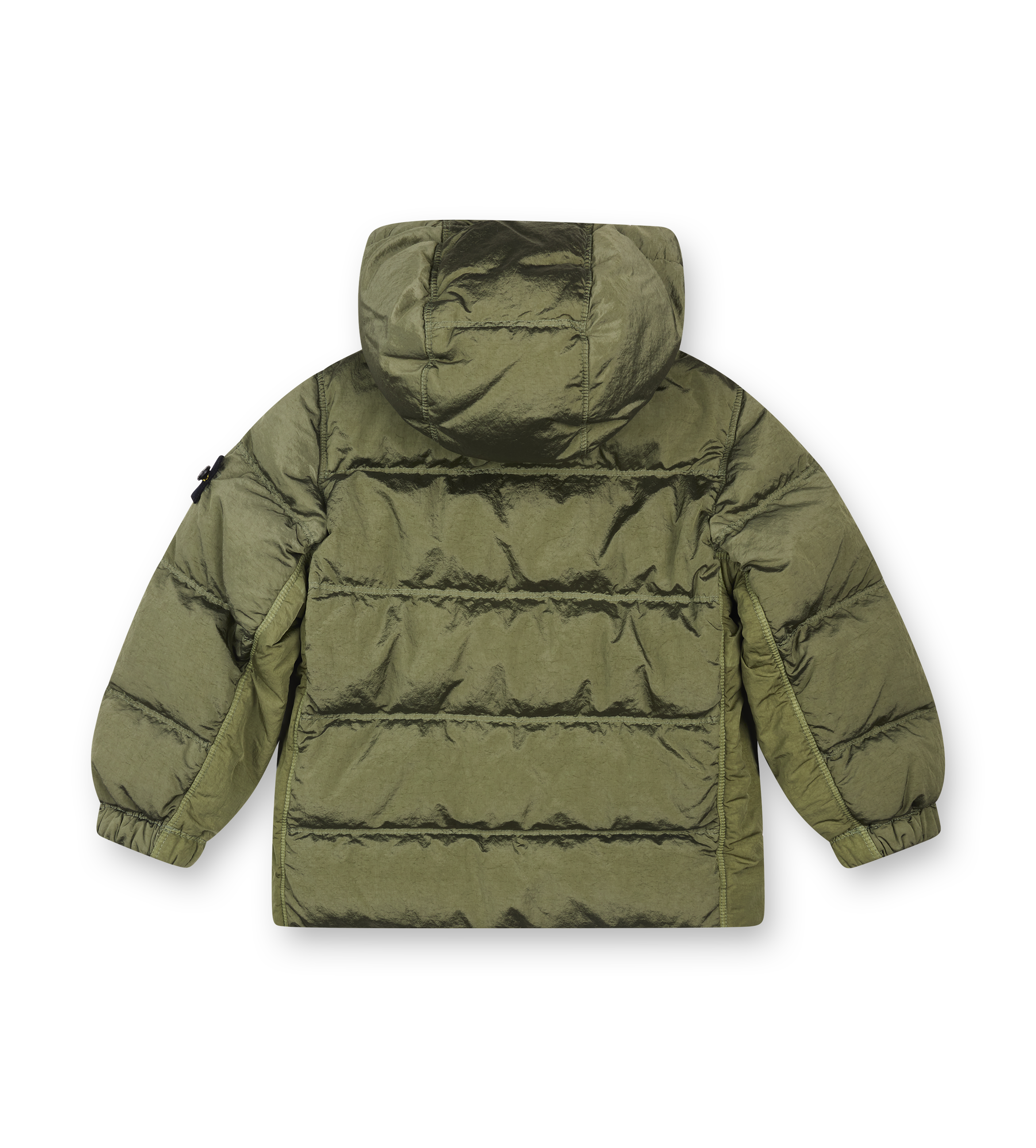 Green puffer jacket on a white background