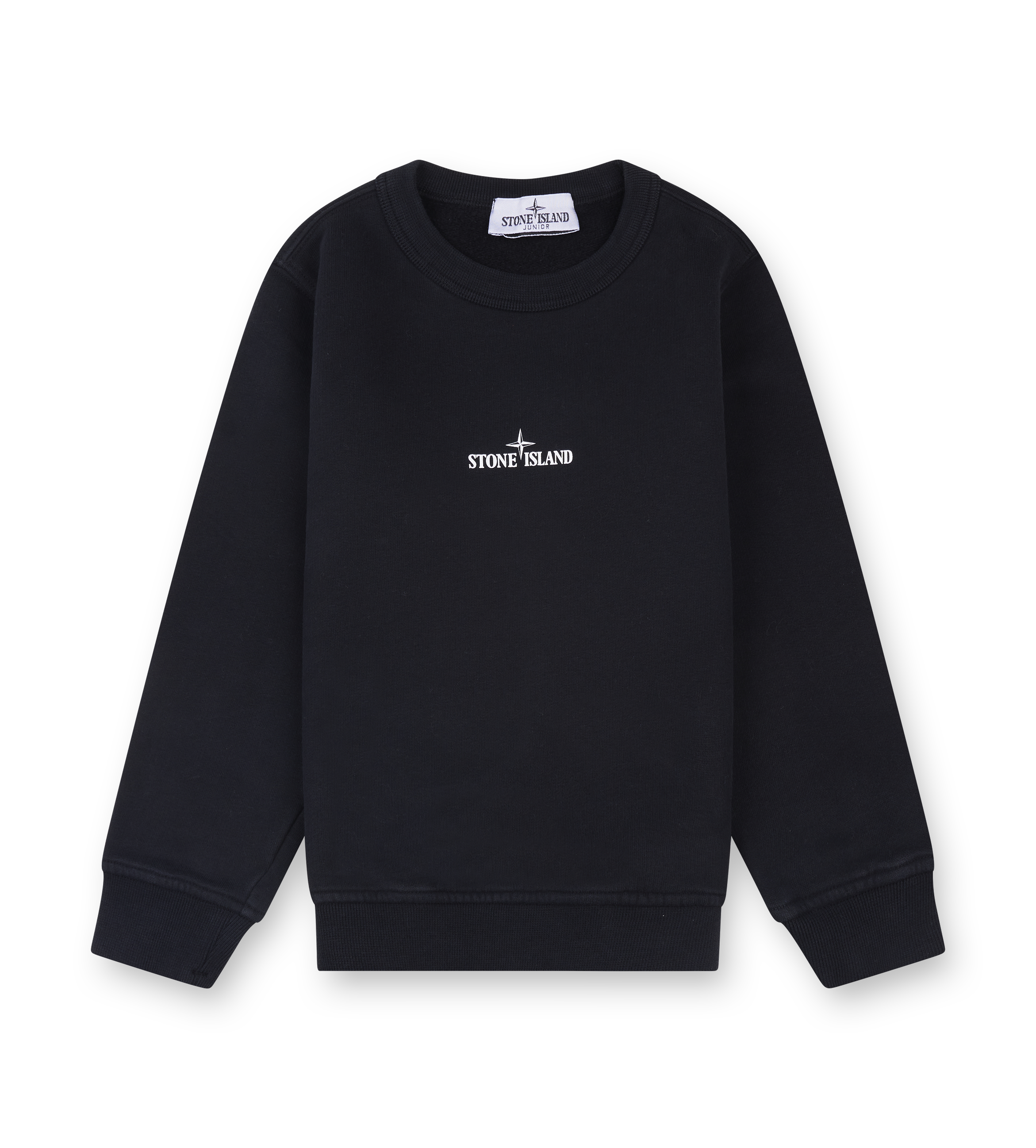 Black sweatshirt with Stone Island logo on a white background