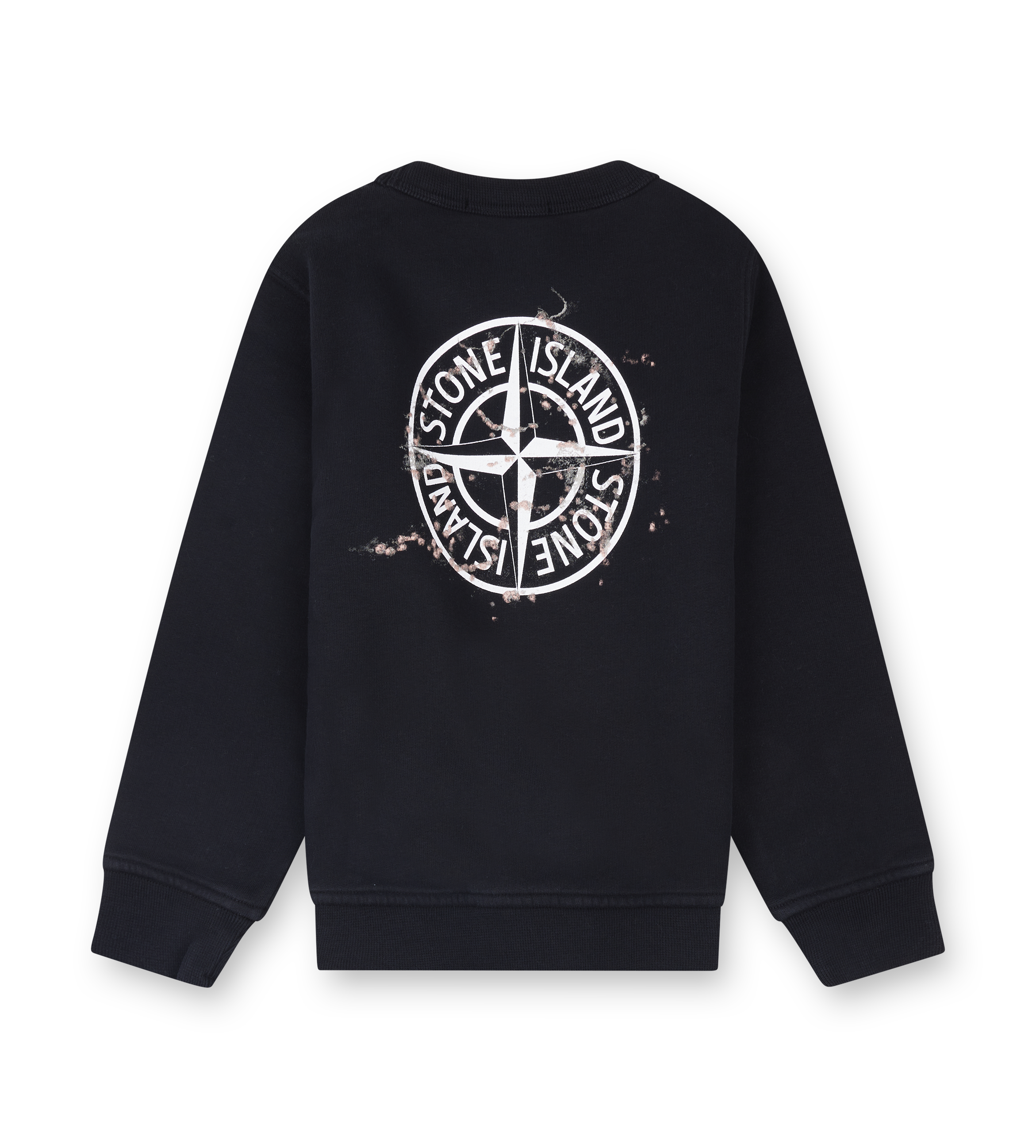 Black sweatshirt with white logo on the back against a white background