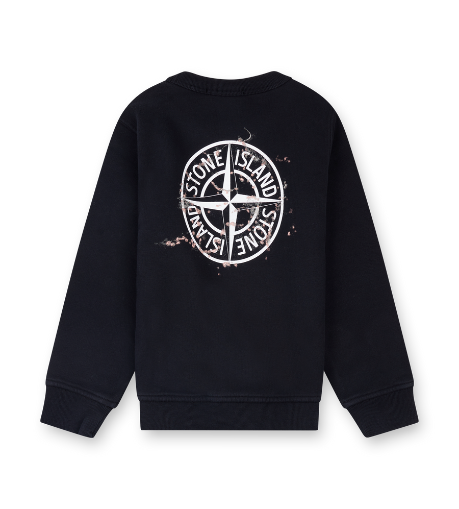 Black sweatshirt with white logo on the back against a white background