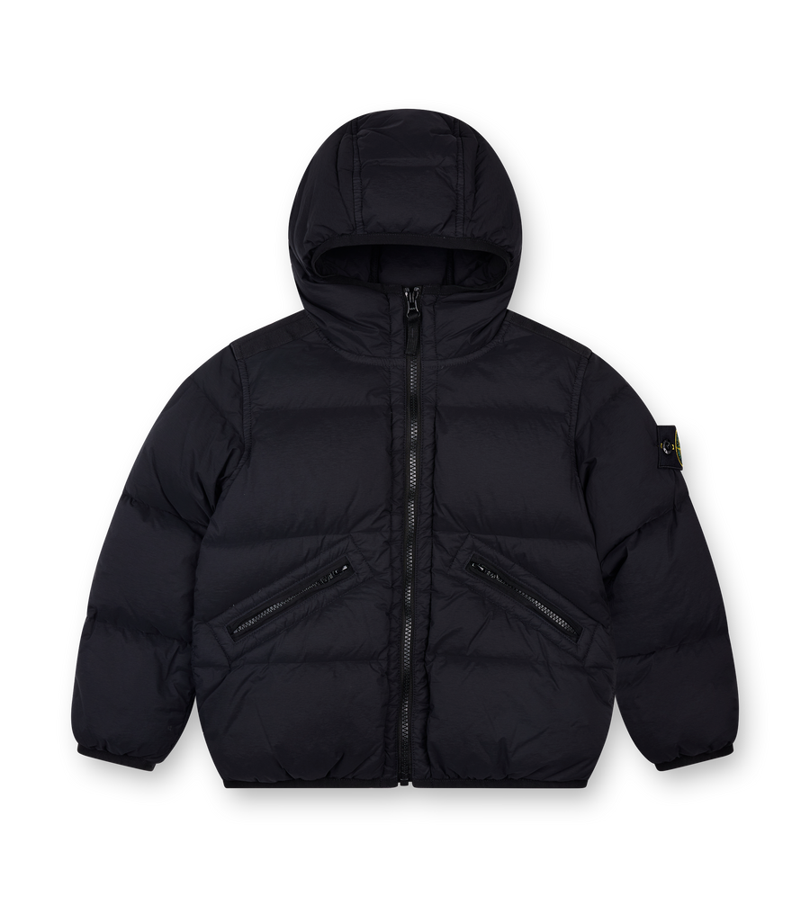 Black puffer jacket with a hood on a white background