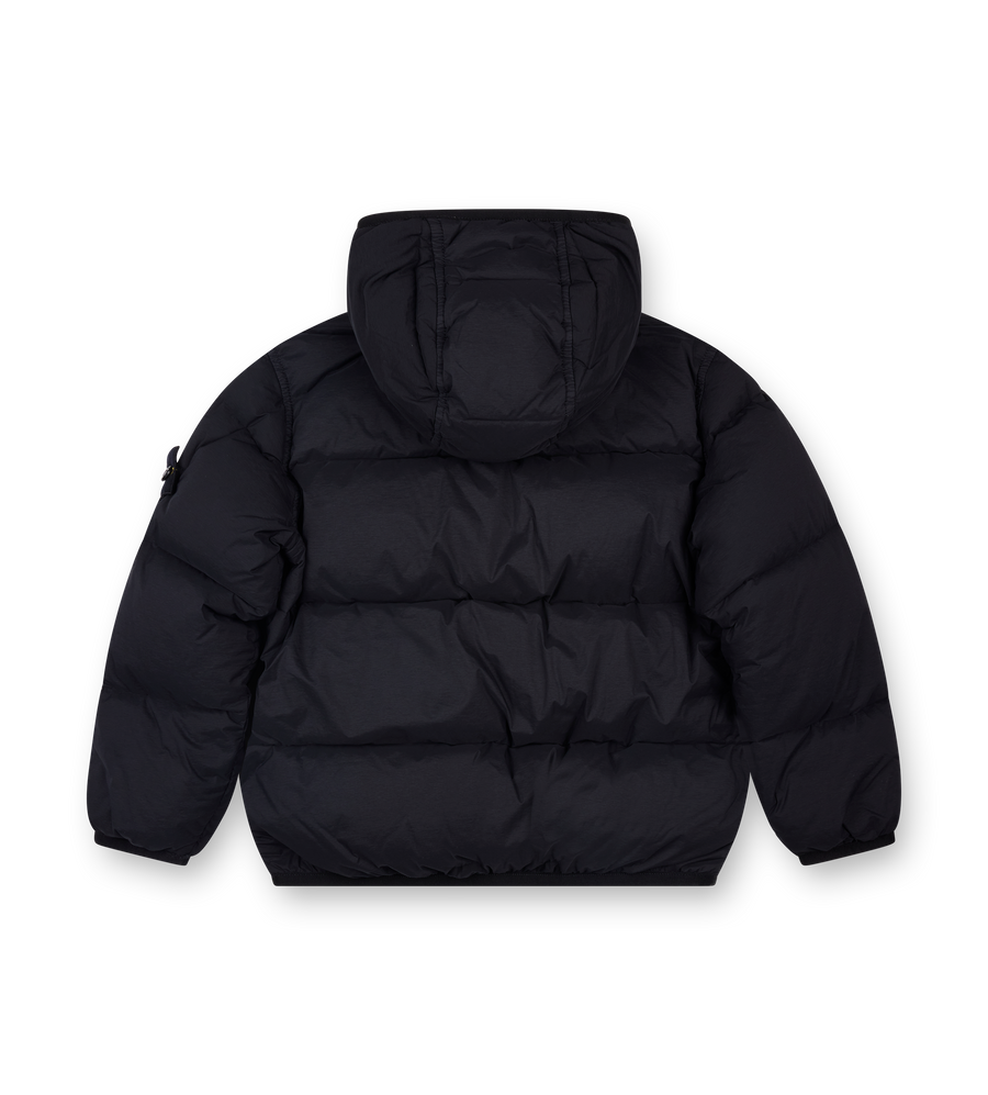 Black puffer jacket with a hood on a white background