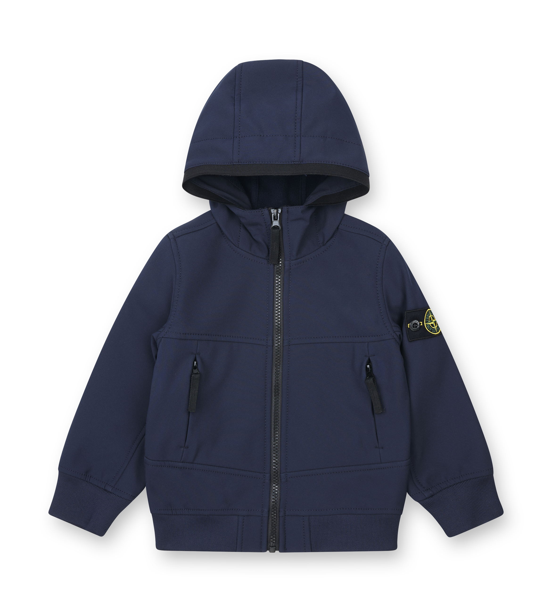 Navy blue hoodie with a brand logo on a white background