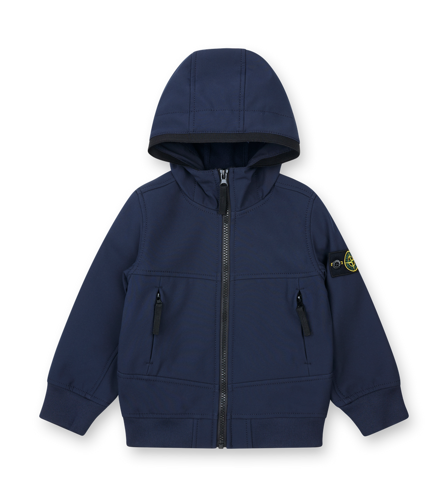 Navy blue hoodie with a brand logo on a white background