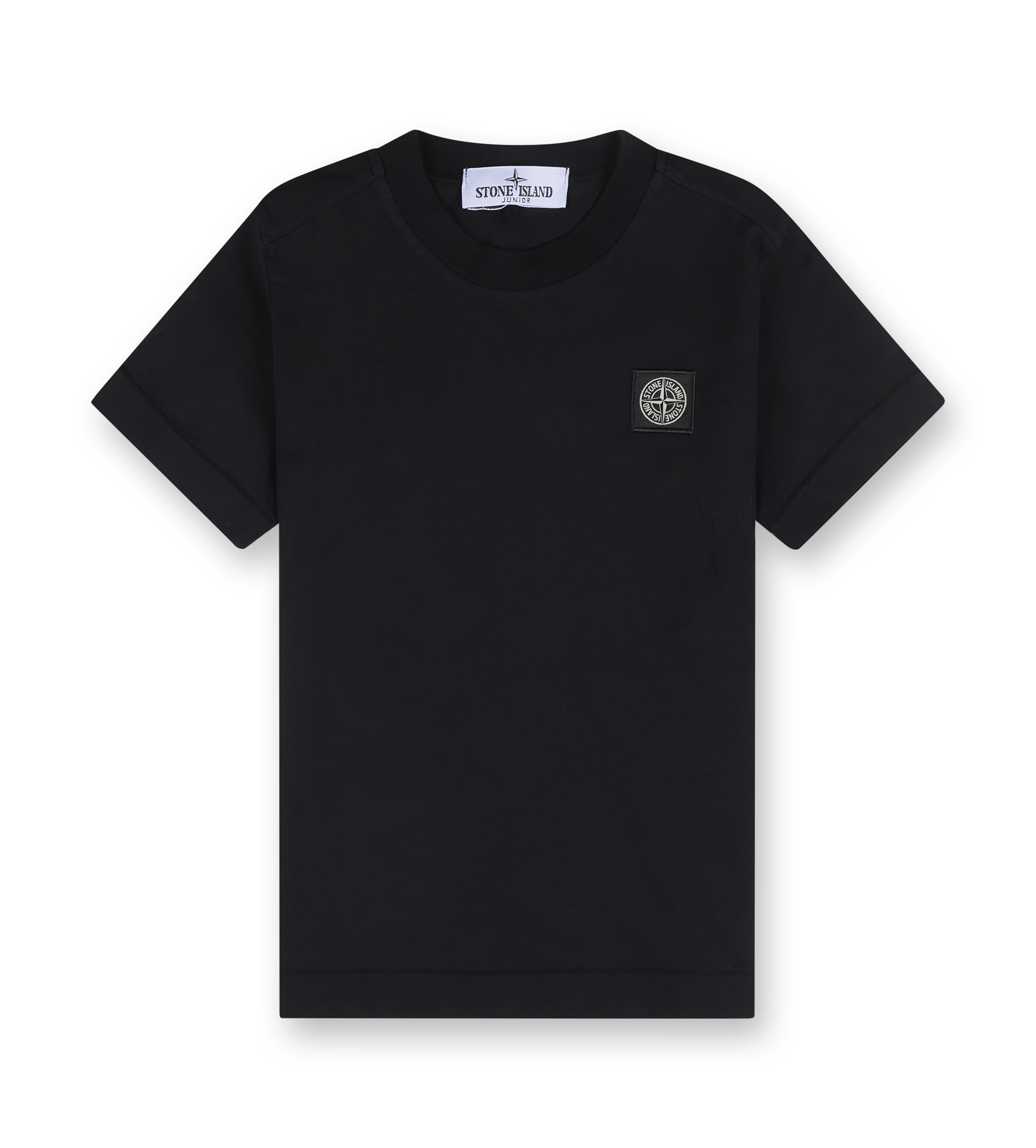 A black crew neck T-shirt with short sleeves and a straight hem. The logo of Stone Island Junior is visible on the chest.