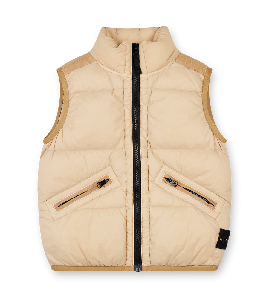 Beige puffer vest with black zipper and pocket zippers on a white background