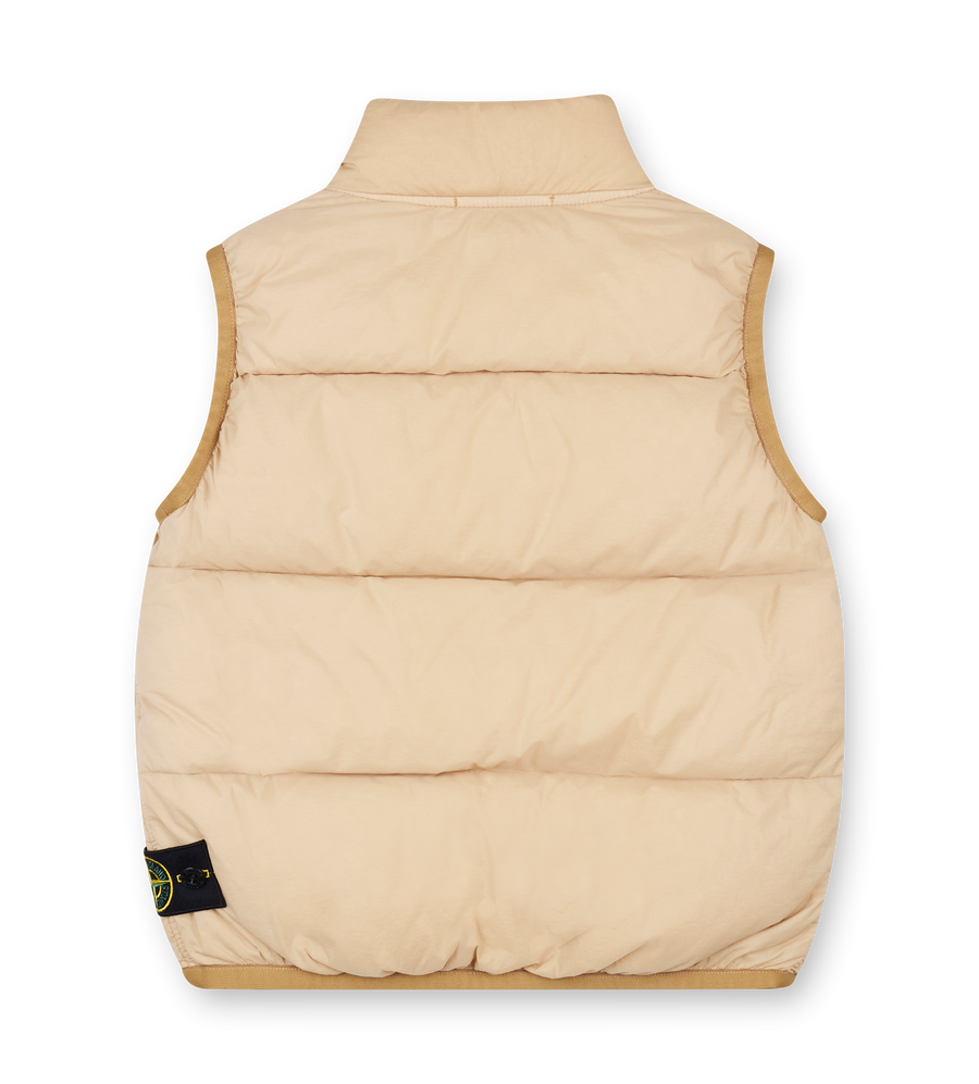 Beige puffer vest with a brand logo on a white background