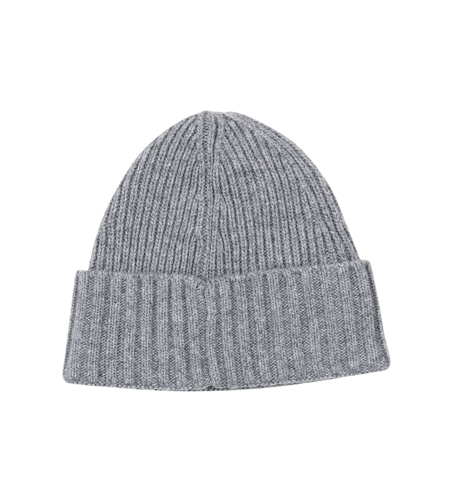 Gray knit beanie on a white background