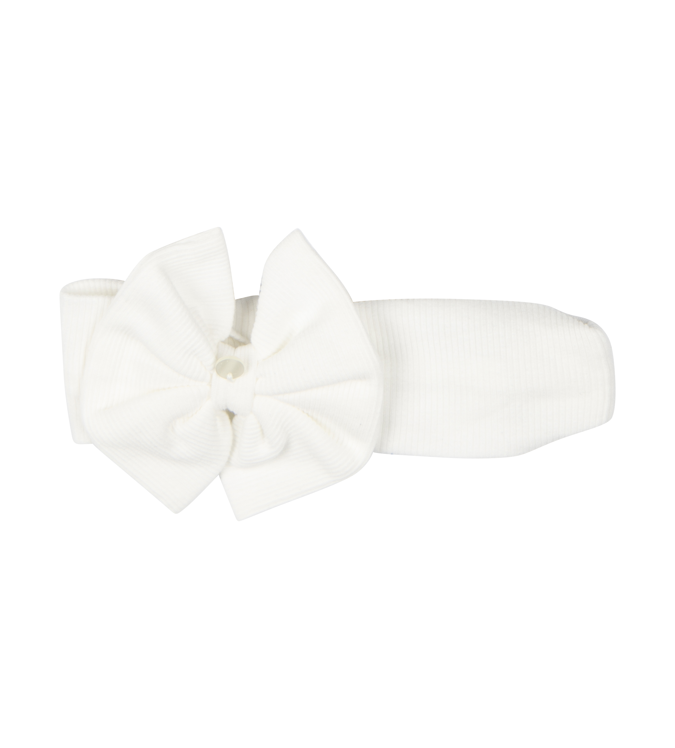A white headband with an ecru bow designed for babies.